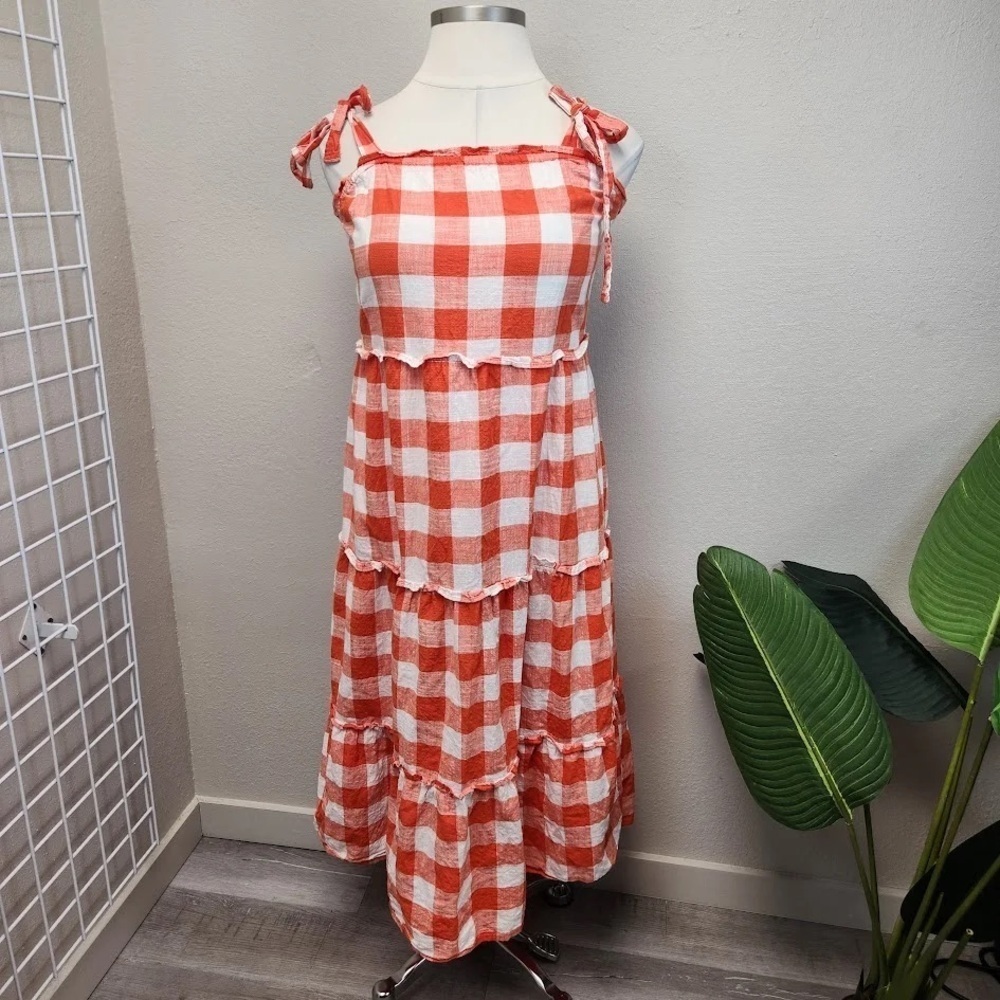 F&F Orange Gingham LINEN Tiered Dress - Size 10